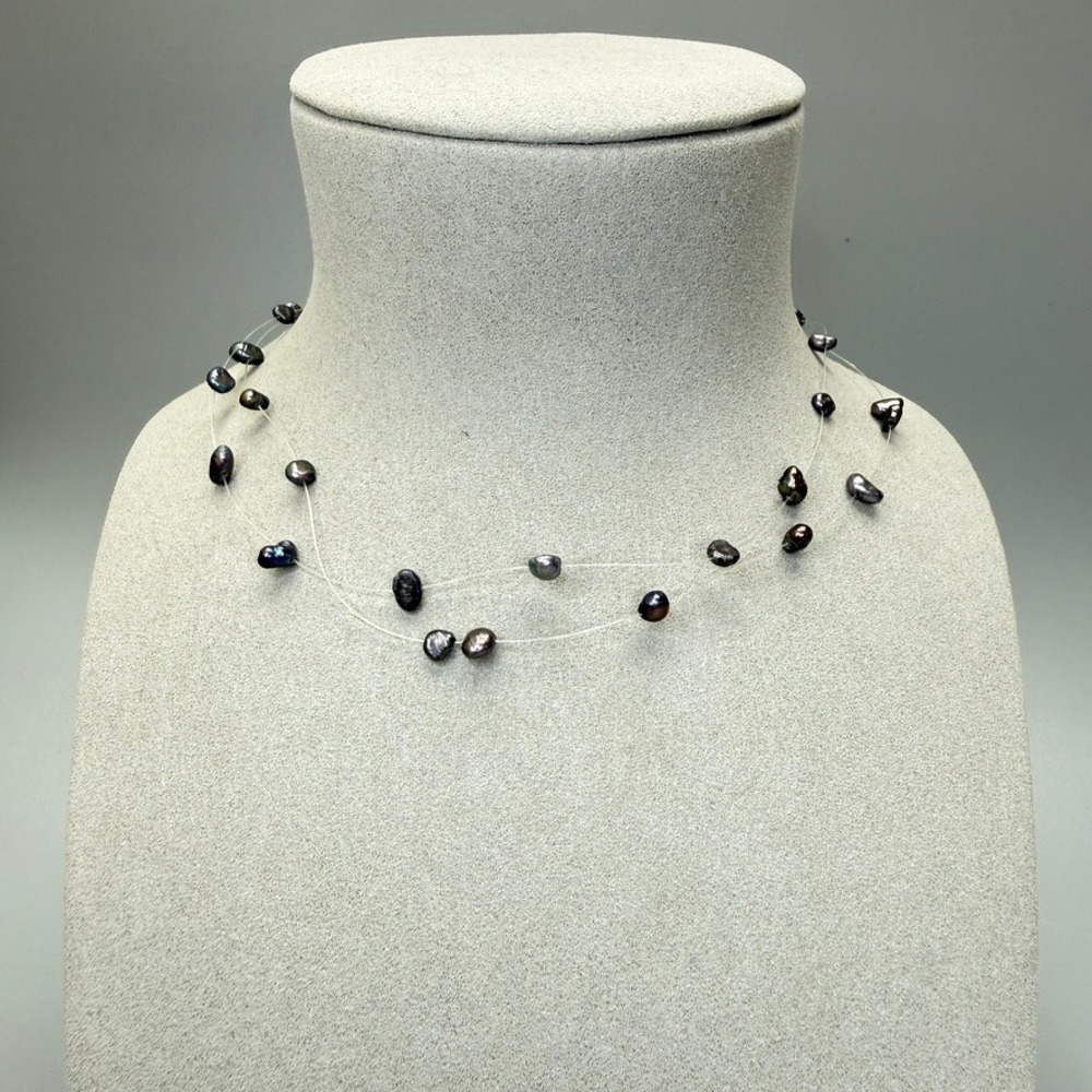 Floating Black Freshwater Pearl Double Strand Illusion Necklace 16" Oil Slick